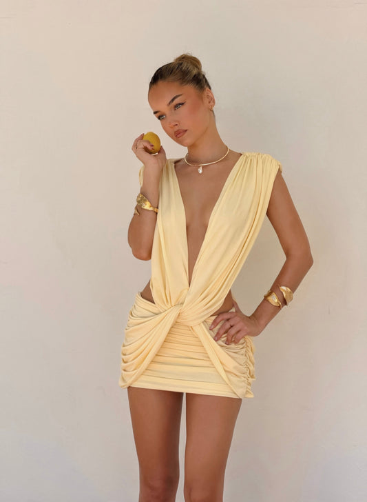 SOLÈNE DRAPE MINI DRESS — LEMON