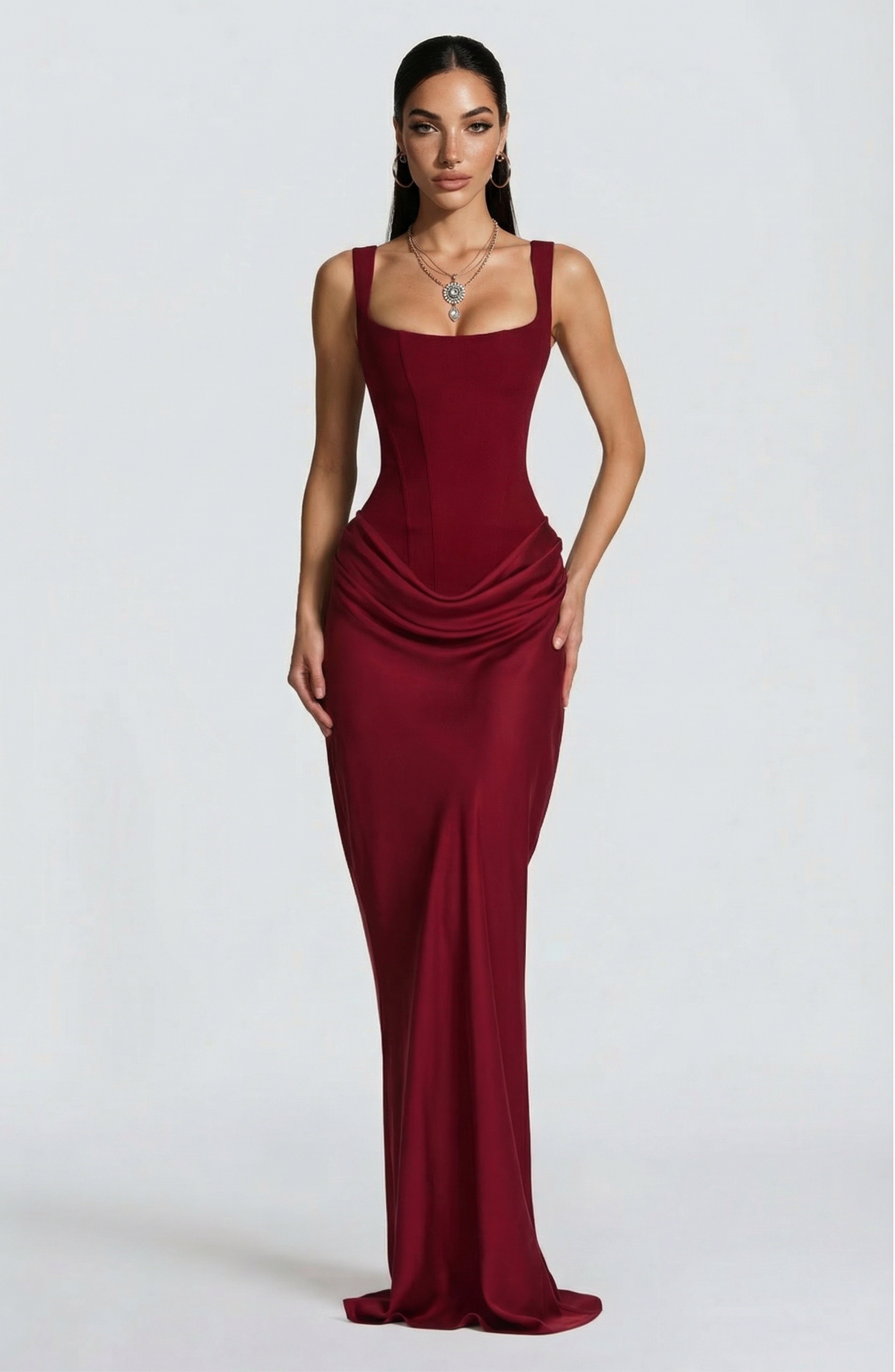 melika burgundy twisted bardot maxi dress Melika | Burgundy Twisted Bardot Maxi Dress  Club L London