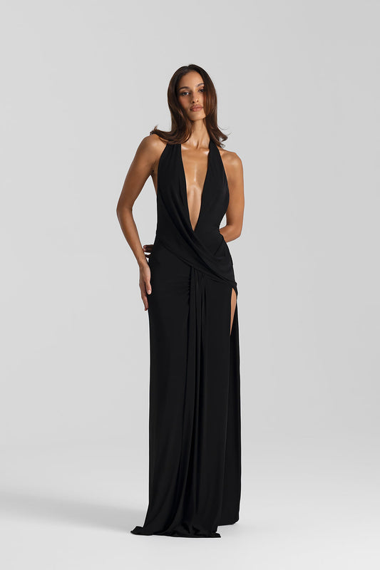 LUMIÈRE HALTER GOWN — BLACK