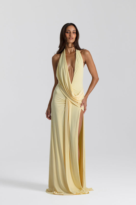 LUMIÈRE HALTER GOWN — LEMON