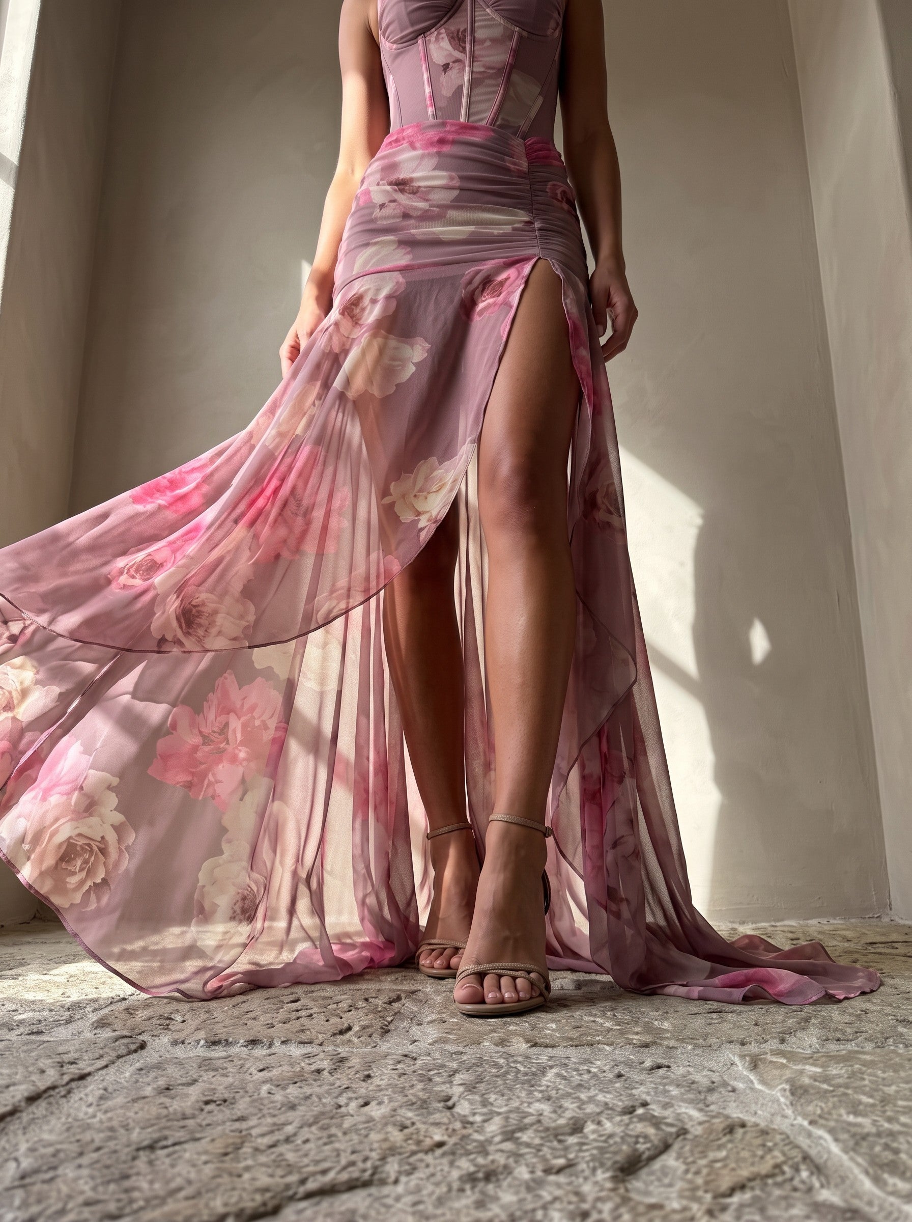Close low view of the sheer blurred floral chiffon hem, thigh split and puddle train — SÉRAPHINE CORSET GOWN — Kalii