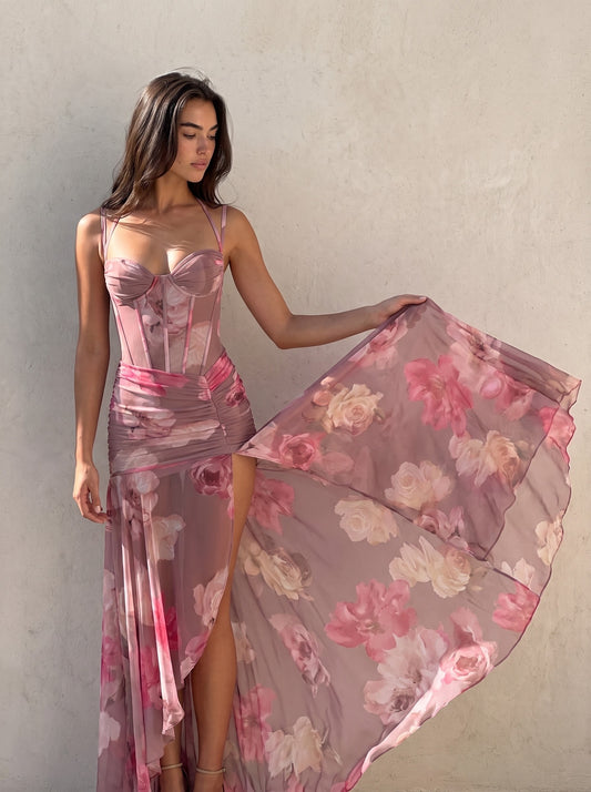 Sheer blurred floral chiffon skirt held open to show the rose print and the thigh-high split — SÉRAPHINE CORSET GOWN — Kalii