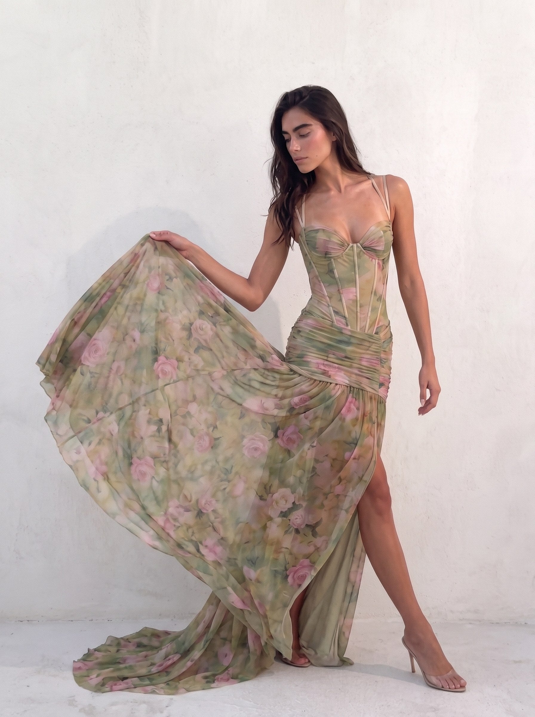 Woman lifting the handkerchief skirt of a sage green floral mesh maxi gown to show the print — SÉRAPHINE CORSET GOWN — Kalii