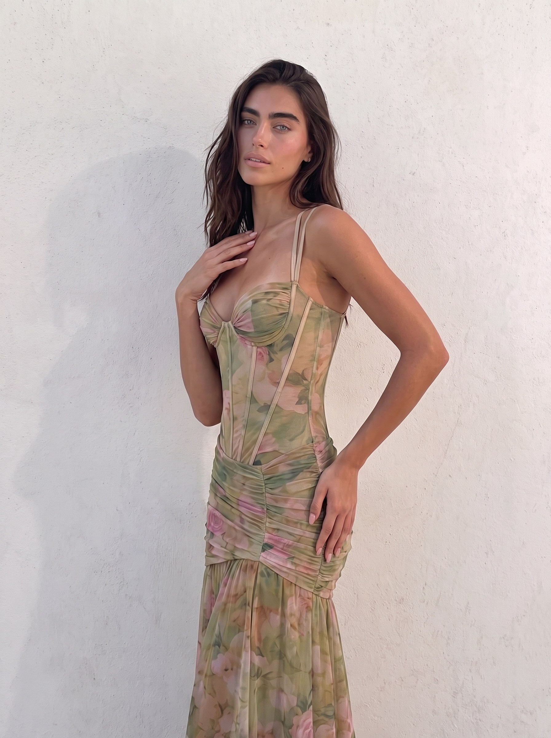 Close view of the boned corset bodice, wired cups and ruched waist on a sage green floral gown — SÉRAPHINE CORSET GOWN — Kalii
