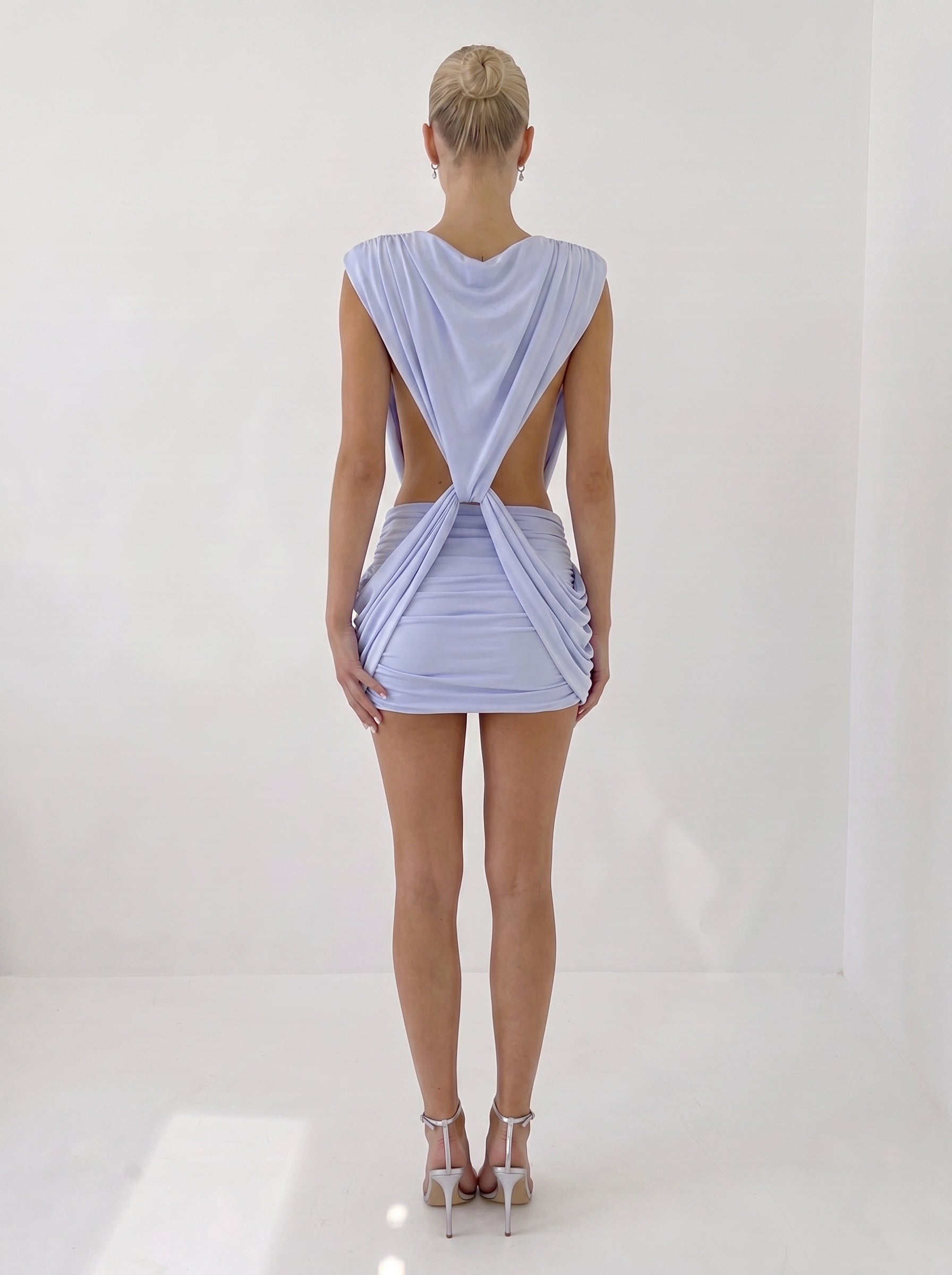 Powder blue mini dress toga style open back ruched skirt — SOLÈNE DRAPE MINI DRESS — Kalii