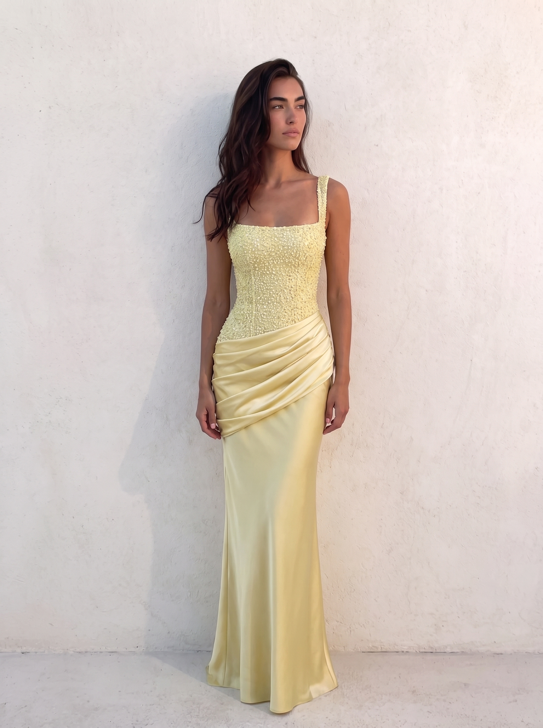 Model wearing the VESPERA BEADED GOWN in lemon against a sun-washed plaster wall — beaded corset bodice, square neckline, satin maxi skirt — Kalii