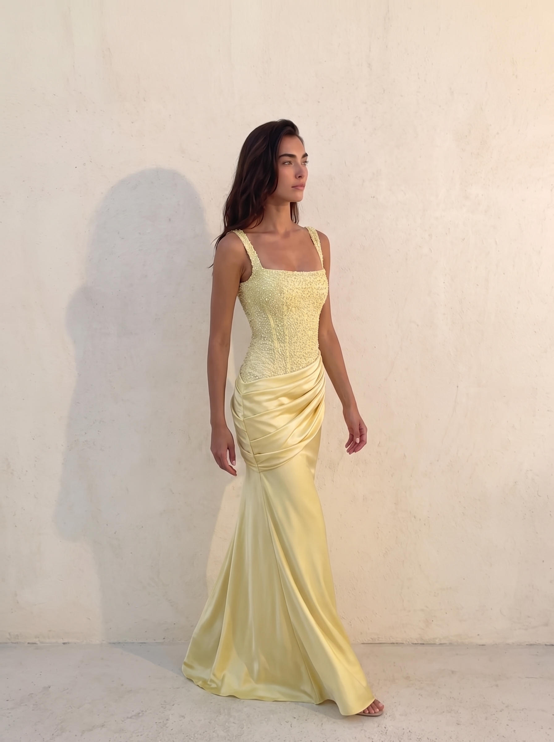 VESPERA BEADED GOWN in lemon — walking, the satin column skirt moving with her step — Kalii